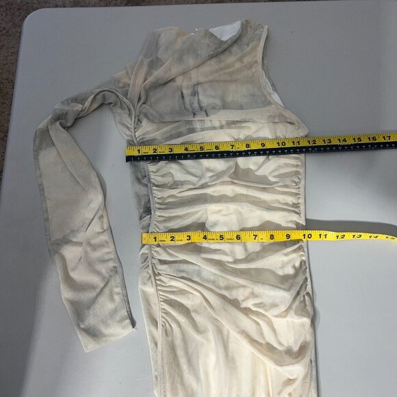 Zara Maxi Dress Womens XS Cream Gray Ruched One Shoulder Long‎ Sleeve Mesh Y2K - Picture 2 of 15